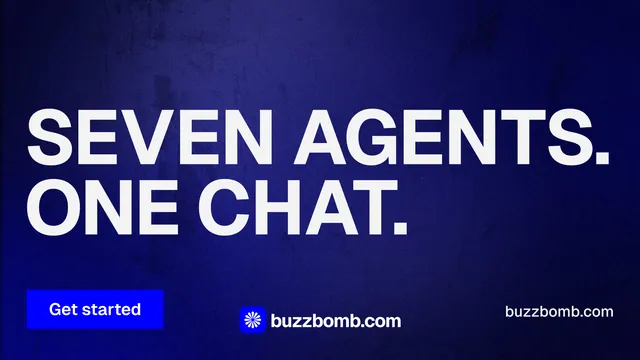 Landscape graphic for BuzzBomb: "Seven agents. One chat." Swiss style, poster layout, dark palette in blue.