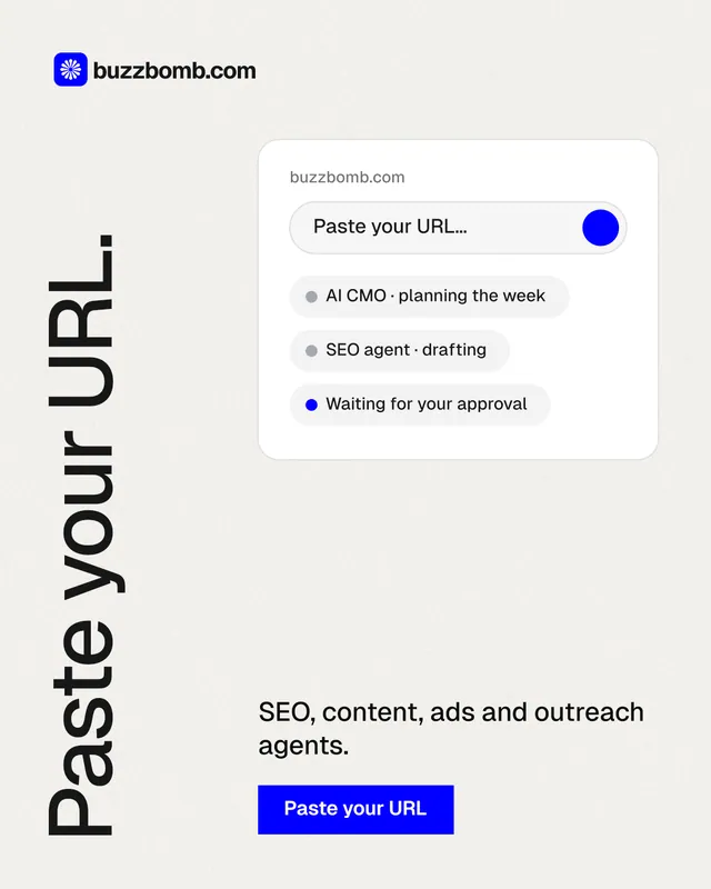 Instagram portrait post for BuzzBomb: "Paste your URL." Swiss style, vertical layout, light palette in white, grey.