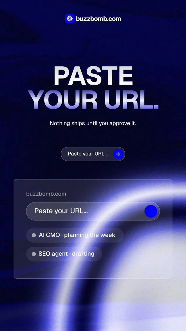 Instagram story for BuzzBomb: "Paste your URL." Agentic glass style, centred layout, dark palette in blue, black.