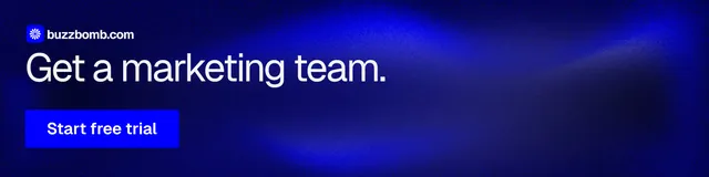 LinkedIn banner for BuzzBomb: "Get a marketing team." Swiss style, skeleton layout, dark palette in blue.