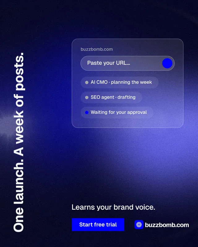 Instagram portrait post for BuzzBomb: "One launch. A week of posts." Swiss style, vertical layout, dark palette in black, blue.