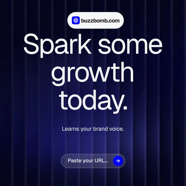 Instagram post for BuzzBomb: "Spark some growth today." Agentic glass style, centred layout, dark palette in black, blue, grey.