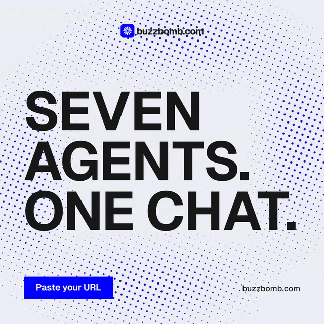 Instagram post for BuzzBomb: "Seven agents. One chat." Swiss style, poster layout, light palette in blue, white, grey.