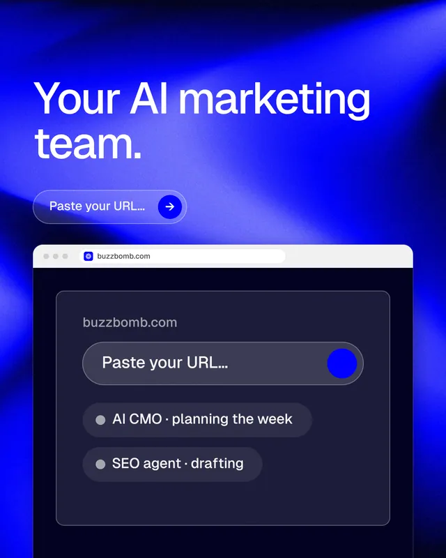 Instagram portrait post for BuzzBomb: "Your AI marketing team." Agentic glass style, browser layout, dark palette in black, blue.