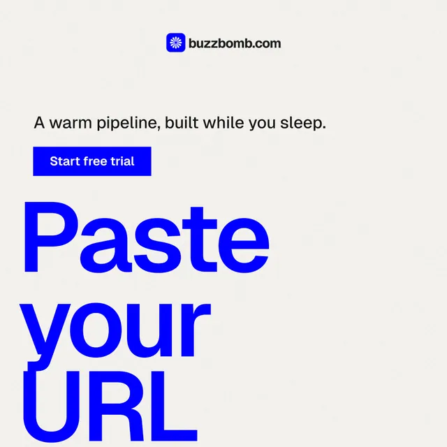 Instagram post for BuzzBomb: "Paste your URL." Swiss style, oversized layout, light palette in white, blue.