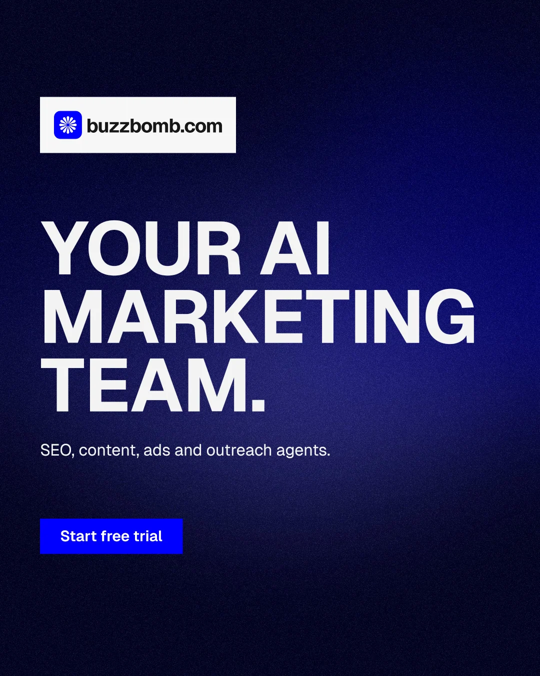 Instagram portrait post for BuzzBomb: "Your AI marketing team." Swiss style, announce layout, dark palette in black, blue.