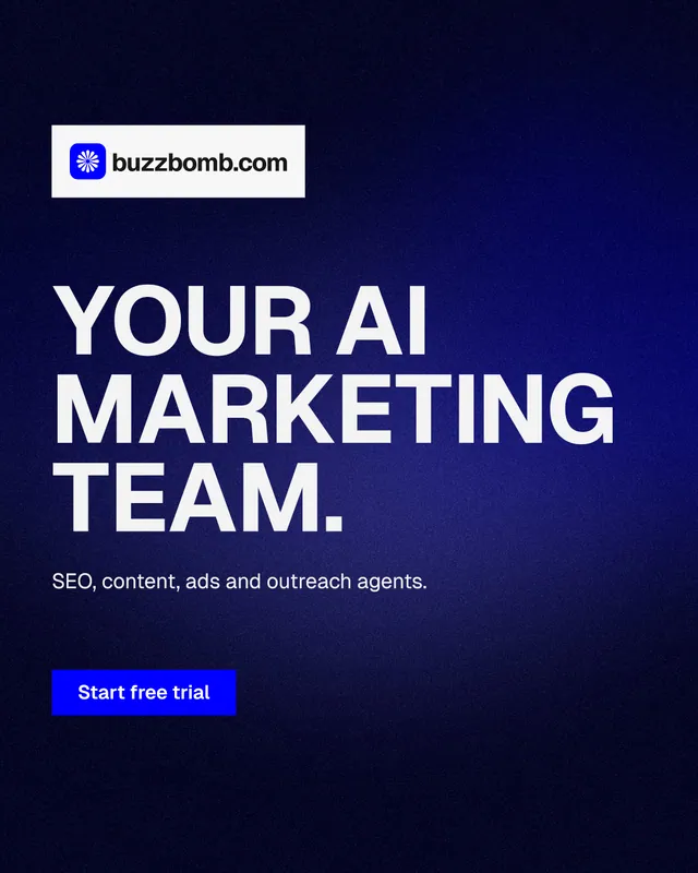 Instagram portrait post for BuzzBomb: "Your AI marketing team." Swiss style, announce layout, dark palette in black, blue.
