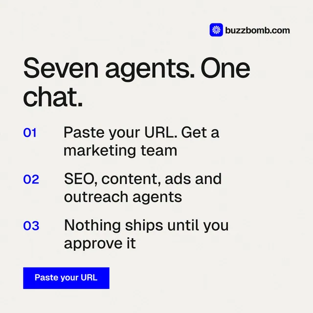 Instagram post for BuzzBomb: "Seven agents. One chat." Swiss style, numbered layout, light palette in white.