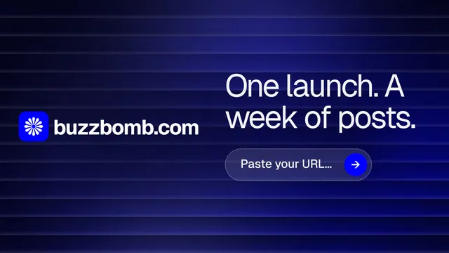 Landscape graphic for BuzzBomb: "One launch. A week of posts." Agentic glass style, logo hero layout, dark palette in black, blue.