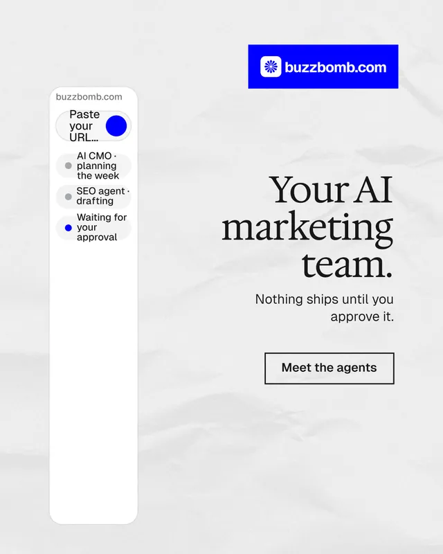 Instagram portrait post for BuzzBomb: "Your AI marketing team." Editorial style, right layout, light palette in white, blue.