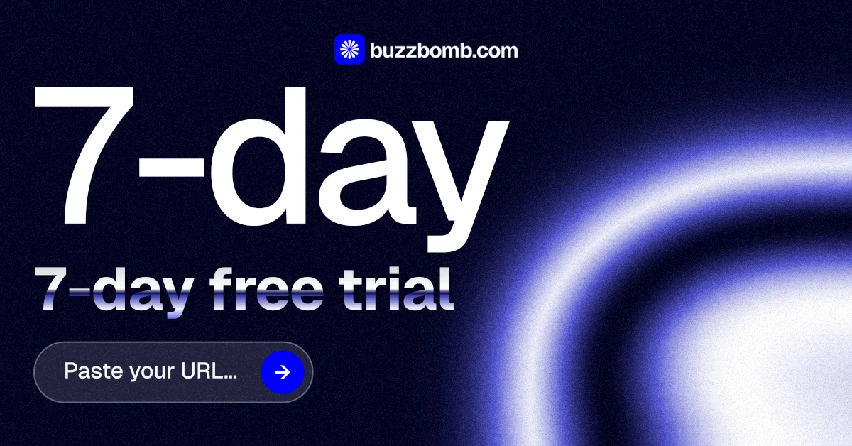 Social ad for BuzzBomb: "Spark some growth today." Agentic glass style, stat layout, dark palette in black, blue.
