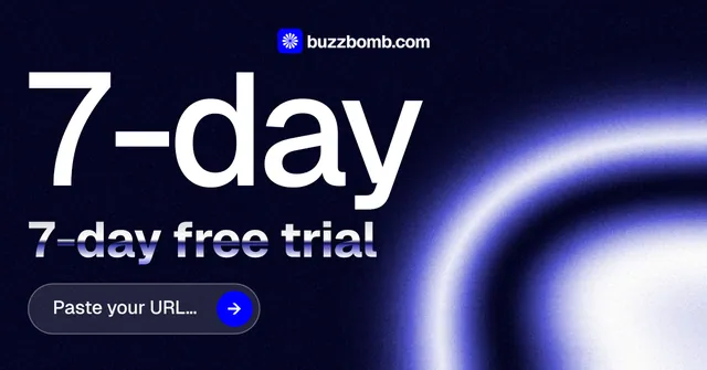 Social ad for BuzzBomb: "Spark some growth today." Agentic glass style, stat layout, dark palette in black, blue.