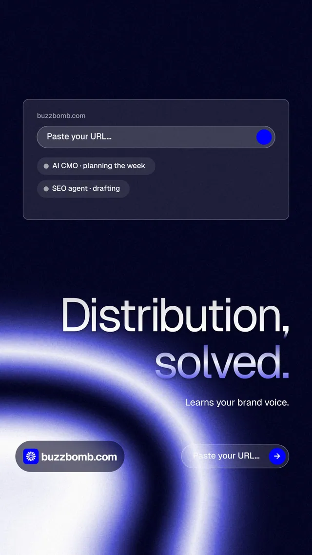 Instagram story for BuzzBomb: "Distribution, solved." Agentic glass style, right layout, dark palette in black, blue.