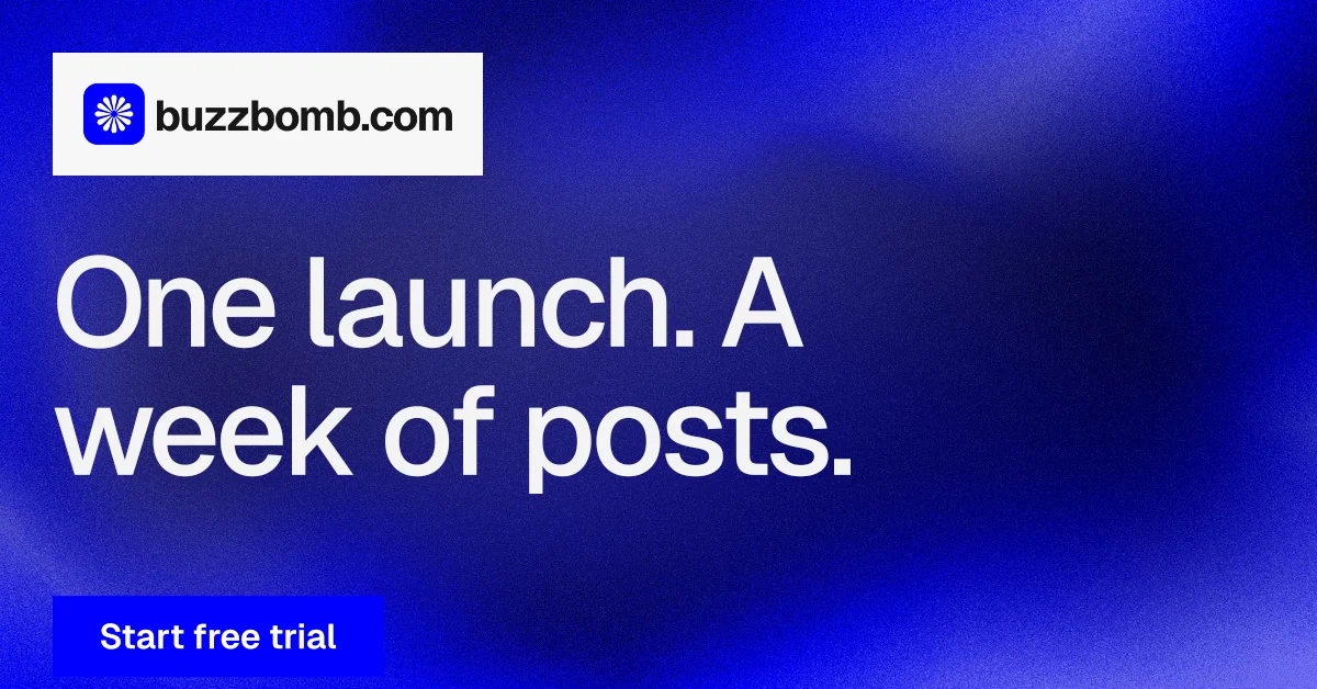 Social ad for BuzzBomb: "One launch. A week of posts." Swiss style, announce layout, dark palette in blue.