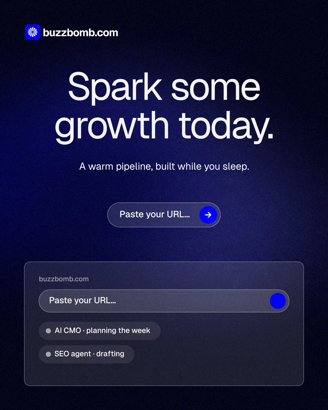 Instagram portrait post for BuzzBomb: "Spark some growth today." Agentic glass style, centred layout, dark palette in black, blue, grey.