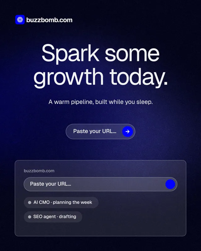 Instagram portrait post for BuzzBomb: "Spark some growth today." Agentic glass style, centred layout, dark palette in black, blue, grey.