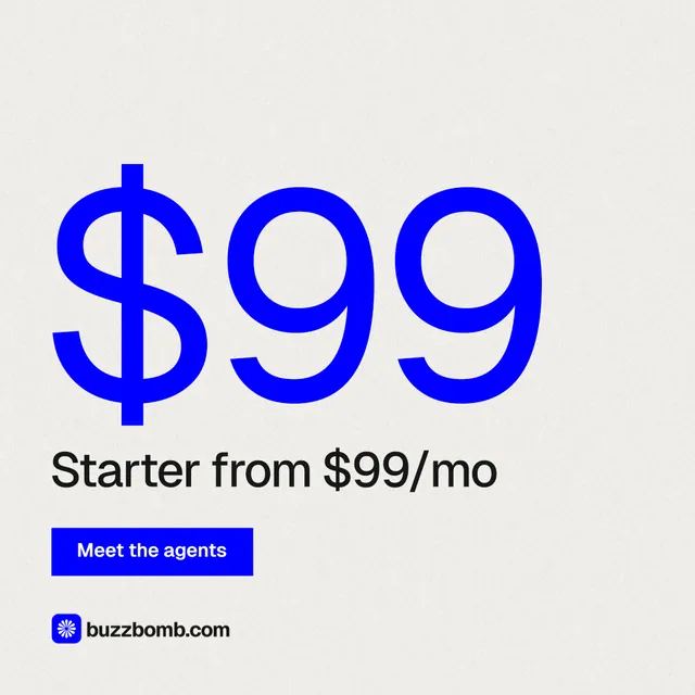 Instagram post for BuzzBomb: "Paste your URL." Swiss style, stat layout, light palette in white, blue.