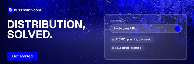 X header for BuzzBomb: "Distribution, solved." Swiss style, bottom layout, dark palette in blue.