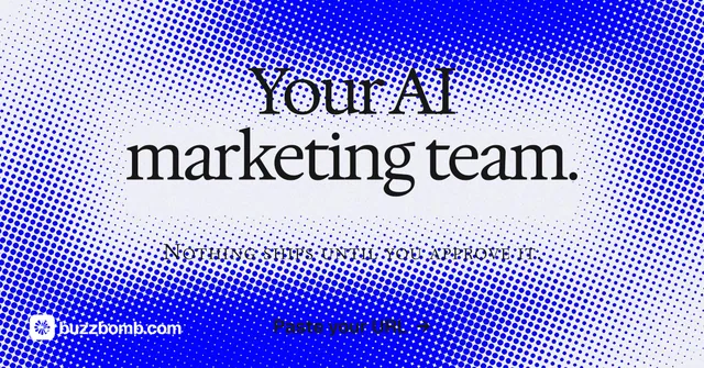 Social ad for BuzzBomb: "Your AI marketing team." Swiss style, smallcaps layout, light palette in blue, white.