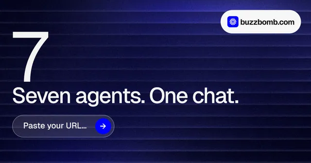 Social ad for BuzzBomb: "Your AI marketing team." Agentic glass style, stat layout, dark palette in blue, black, grey.