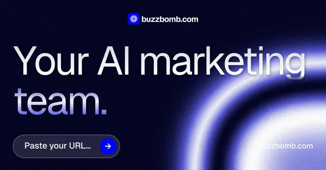 Social ad for BuzzBomb: "Your AI marketing team." Agentic glass style, poster layout, dark palette in black, blue.