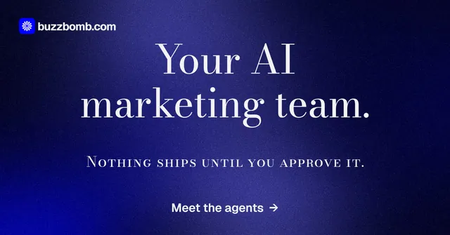 Social ad for BuzzBomb: "Your AI marketing team." Minimal luxury style, smallcaps layout, dark palette in blue, black.