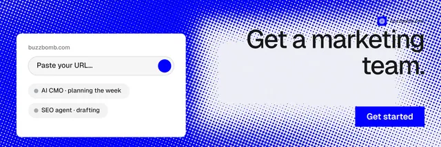 X header for BuzzBomb: "Get a marketing team." Swiss style, right layout, light palette in blue, white.