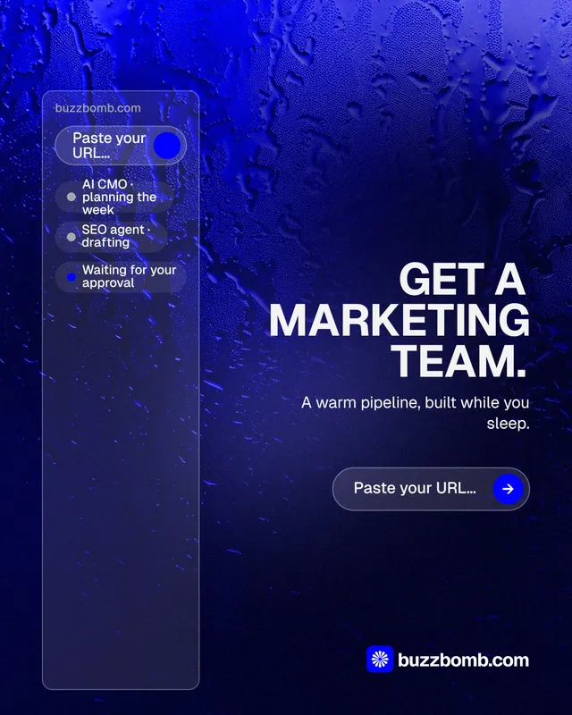 Instagram portrait post for BuzzBomb: "Get a marketing team." Agentic glass style, right layout, dark palette in black, blue.