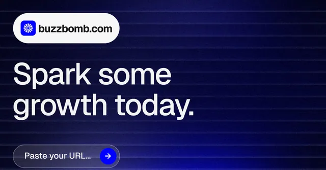 Social ad for BuzzBomb: "Spark some growth today." Agentic glass style, announce layout, dark palette in black, blue, grey.
