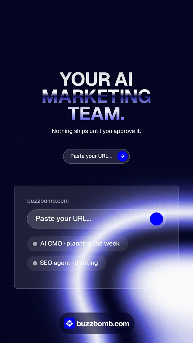 Instagram story for BuzzBomb: "Your AI marketing team." Agentic glass style, centred layout, dark palette in black, blue.