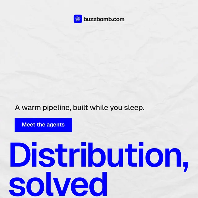 Instagram post for BuzzBomb: "Get a marketing team." Swiss style, oversized layout, light palette in white, blue.