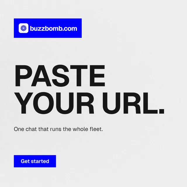 Instagram post for BuzzBomb: "Paste your URL." Swiss style, announce layout, light palette in white, blue.