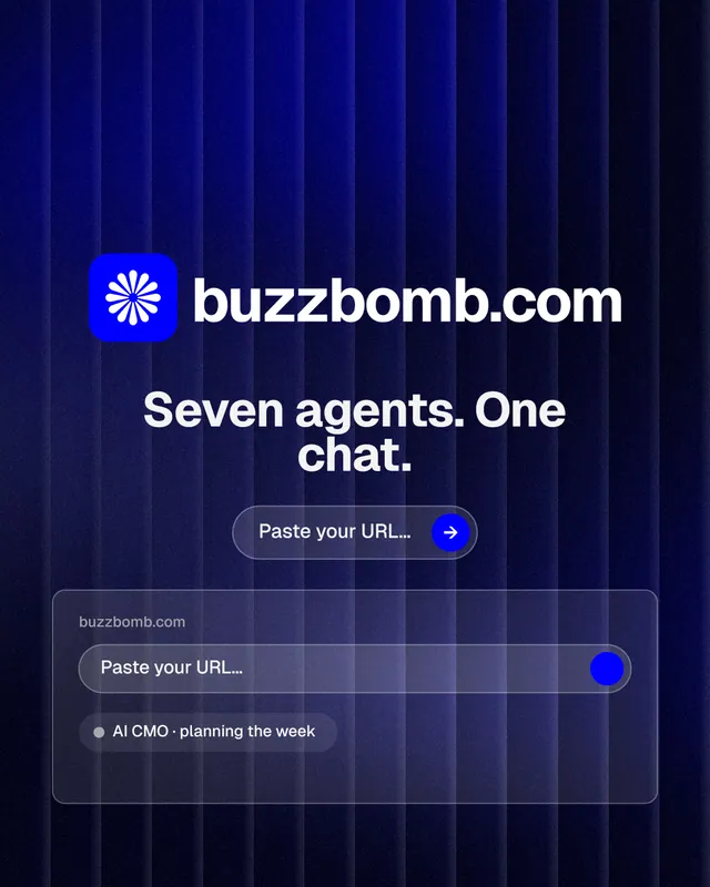 Instagram portrait post for BuzzBomb: "Seven agents. One chat." Agentic glass style, logo hero layout, dark palette in black, blue, grey.