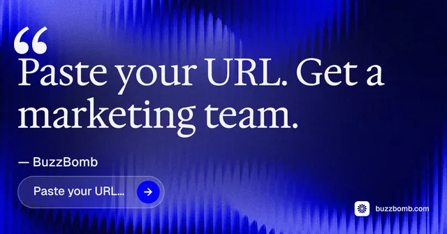 Social ad for BuzzBomb: "Seven agents. One chat." Agentic glass style, quote layout, dark palette in blue.