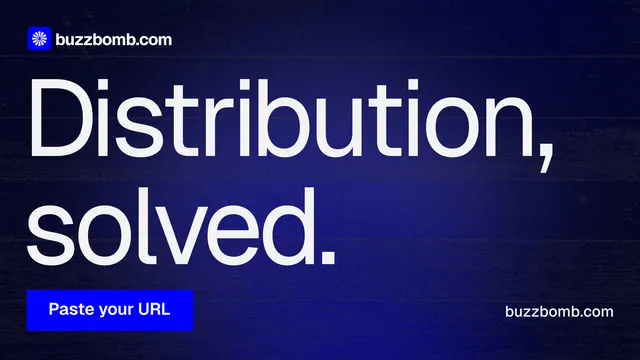 Landscape graphic for BuzzBomb: "Distribution, solved." Swiss style, poster layout, dark palette in black, blue, grey.