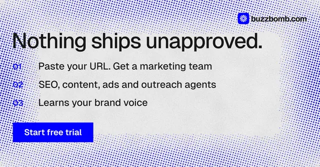Social ad for BuzzBomb: "Nothing ships unapproved." Swiss style, numbered layout, light palette in blue, white.