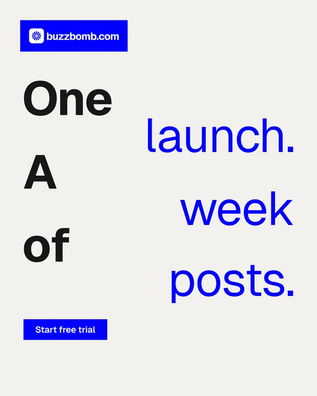 Instagram portrait post for BuzzBomb: "One launch. A week of posts." Swiss style, stacked layout, light palette in white, blue.