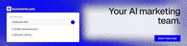 LinkedIn banner for BuzzBomb: "Your AI marketing team." Split block style, right layout, light palette in blue, white.