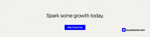 LinkedIn banner for BuzzBomb: "Spark some growth today." Swiss style, centred layout, light palette in white.