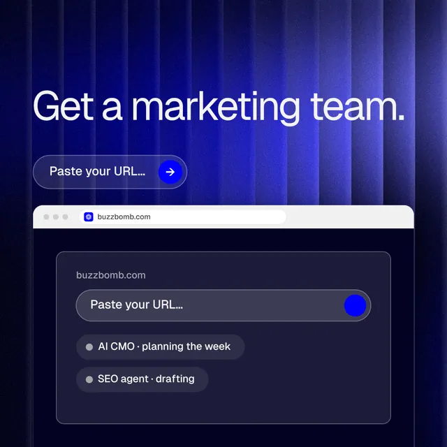 Instagram post for BuzzBomb: "Get a marketing team." Agentic glass style, browser layout, dark palette in blue, black.