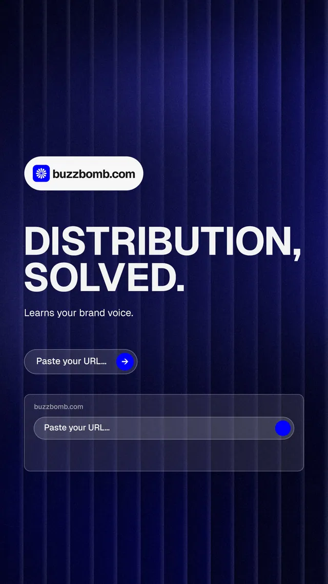Instagram story for BuzzBomb: "Distribution, solved." Agentic glass style, announce layout, dark palette in blue, black, grey.
