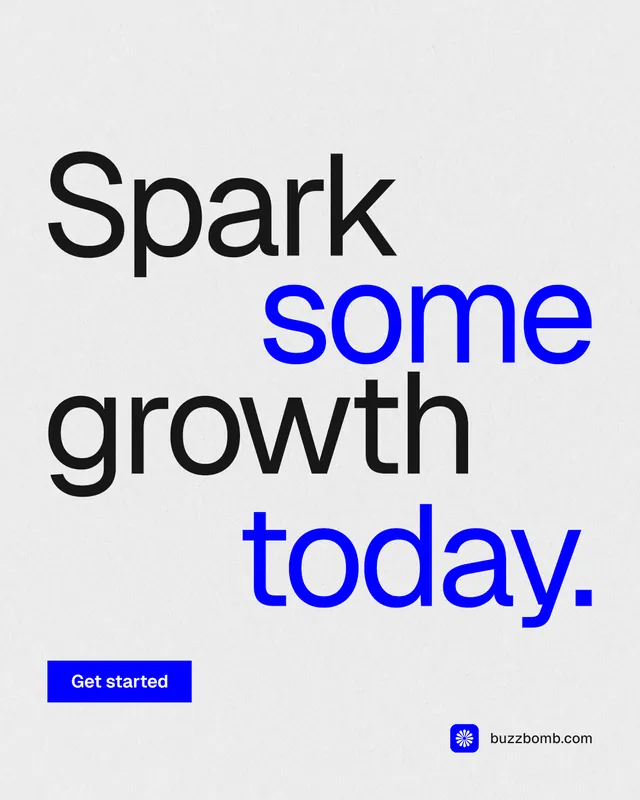 Instagram portrait post for BuzzBomb: "Spark some growth today." Swiss style, stacked layout, light palette in white, blue.