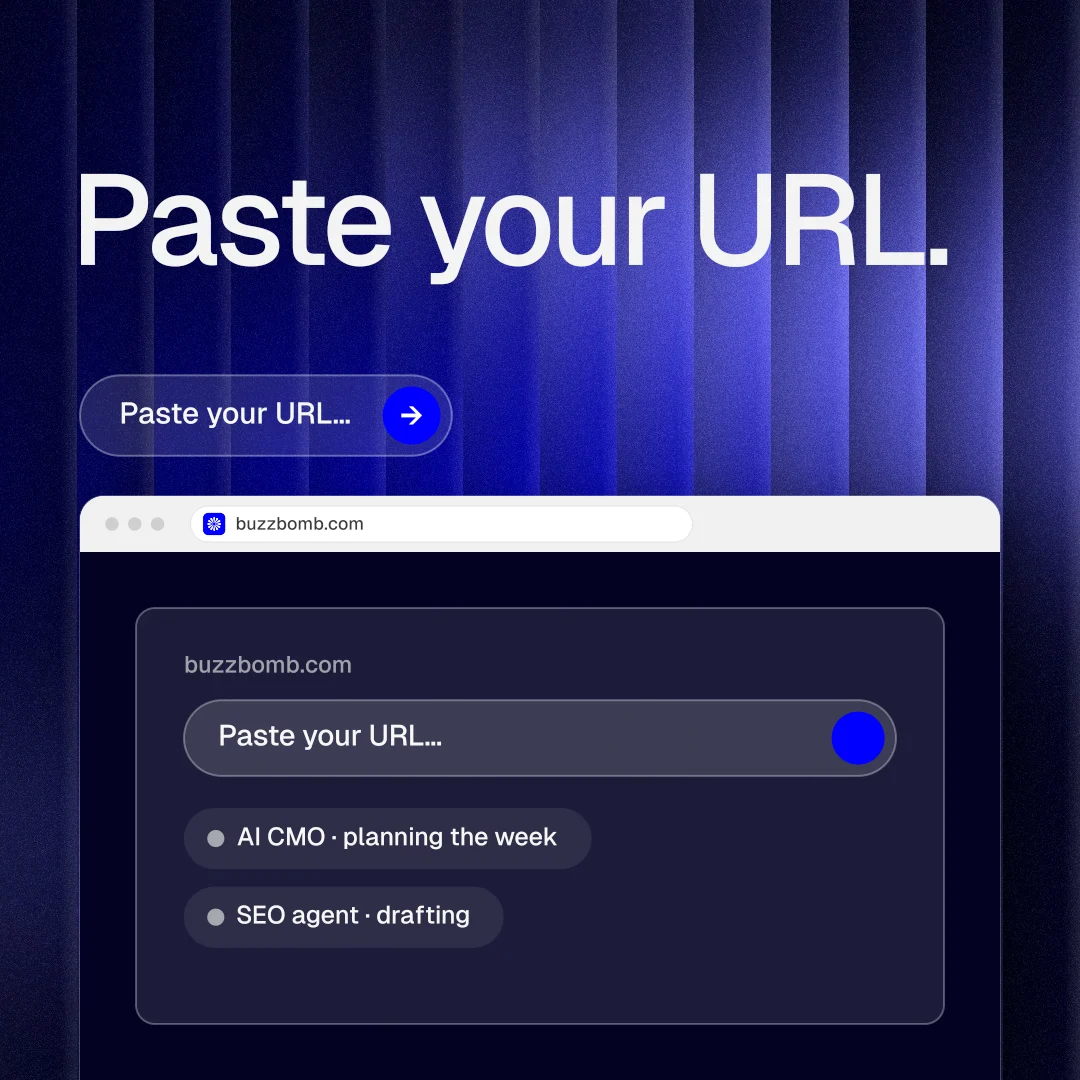 Instagram post for BuzzBomb: "Paste your URL." Agentic glass style, browser layout, dark palette in blue, black.