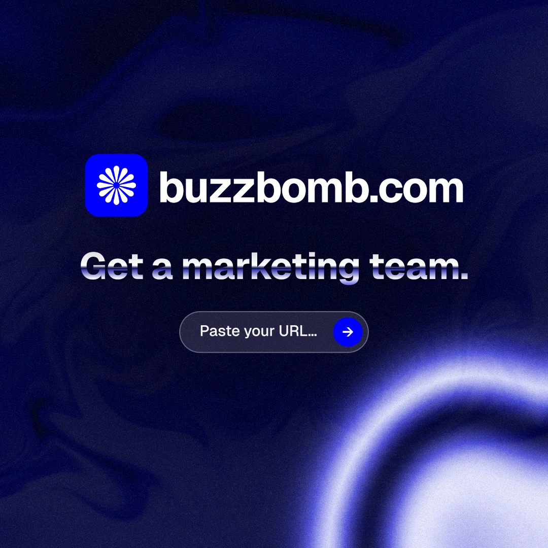Instagram post for BuzzBomb: "Get a marketing team." Agentic glass style, logo hero layout, dark palette in blue, black.