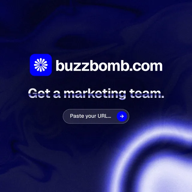 Instagram post for BuzzBomb: "Get a marketing team." Agentic glass style, logo hero layout, dark palette in blue, black.