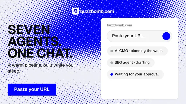 Landscape graphic for BuzzBomb: "Seven agents. One chat." Split block style, bottom layout, light palette in white, blue.
