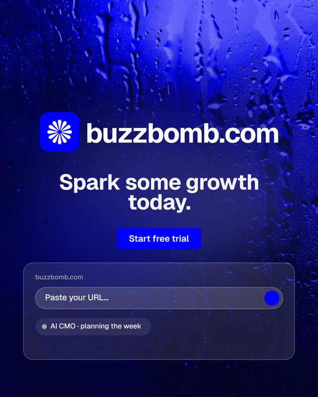 Instagram portrait post for BuzzBomb: "Spark some growth today." Swiss style, logo hero layout, dark palette in blue.