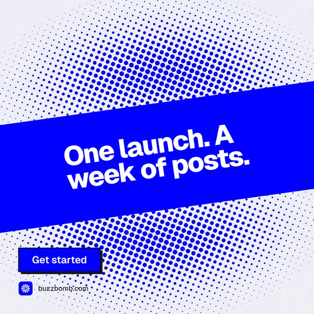 Instagram post for BuzzBomb: "One launch. A week of posts." Brutalist style, diagonal layout, light palette in white, blue.