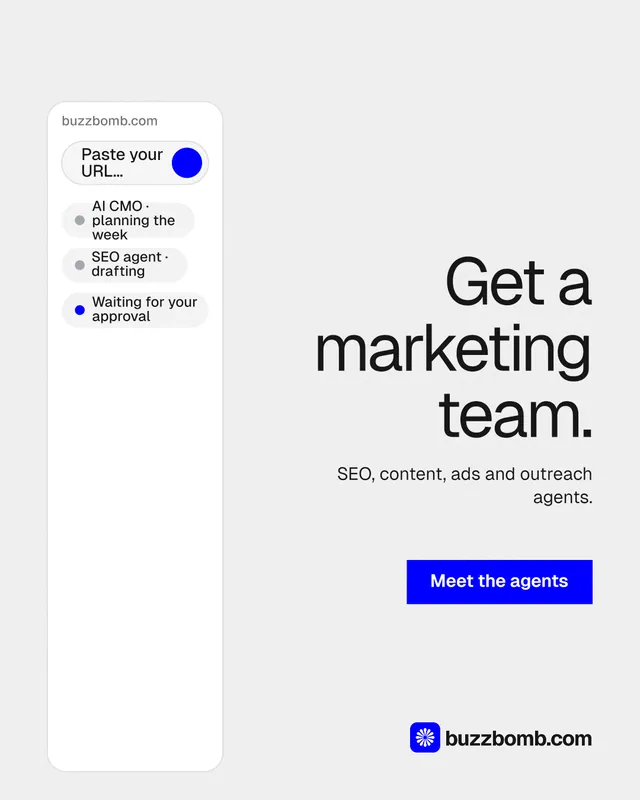 Instagram portrait post for BuzzBomb: "Get a marketing team." Swiss style, right layout, light palette in white, blue.