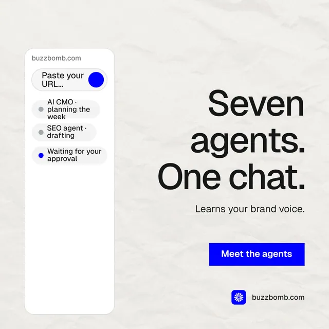 Instagram post for BuzzBomb: "Seven agents. One chat." Swiss style, right layout, light palette in white, grey.